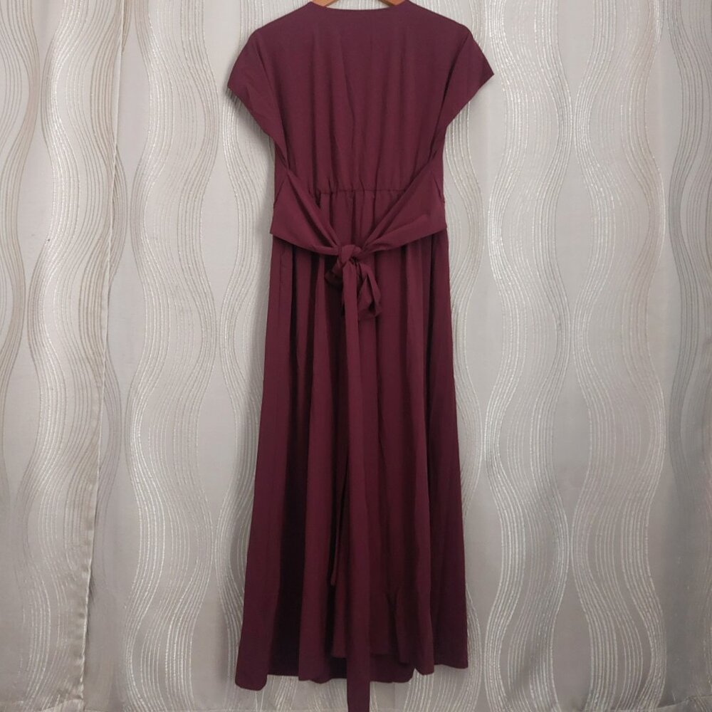 Halara Breezeful Midi Dress Burgundy Large V Neck Cap Sleeves Tie Back Pockets - Picture 5 of 11